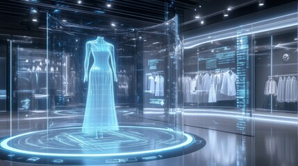 A holographic projection of an elegant evening gown floats on a platform within a modern, minimalist store. Surrounding the display are digital screens showcasing other clothing items.