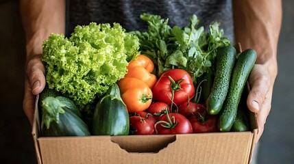 Hands cradling a box of fresh vegetables representing healthy organic farming techniques