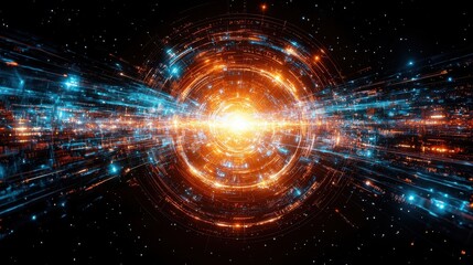 Obraz premium Futuristic Orange Blue Plasma Hologram Portal Digital Data Stream Technology Background