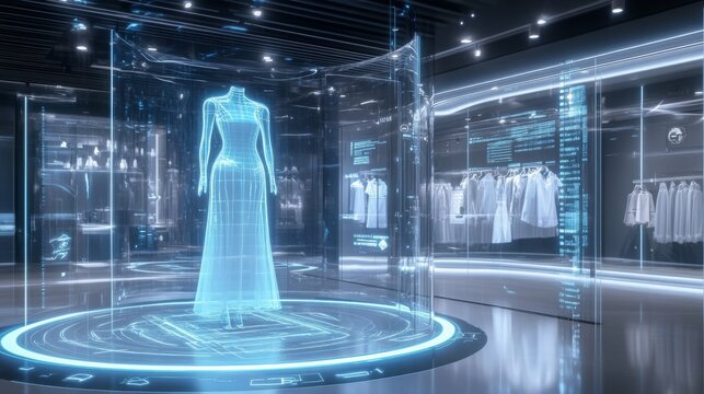A holographic projection of an elegant evening gown floats on a platform within a modern, minimalist store. Surrounding the display are digital screens showcasing other clothing items.