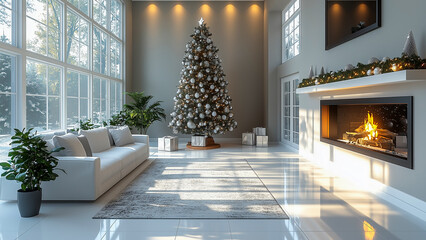 A modern living room with a minimalistic white Christmas tree, sleek furniture, silver ornaments, and clean, elegant lighting.