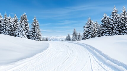 Fototapeta premium Snowy Winter Landscape Serene Cross Country Ski Trail Through Snow Covered Pines
