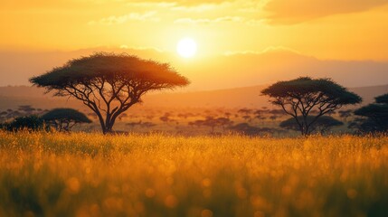 Fototapeta premium A serene sunset over an African landscape with silhouetted trees and golden grass.