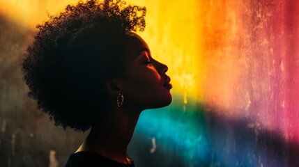 Serene woman in profile with multi-hued backdrop, highlighting beauty and introspection in vibrant, warm tones.