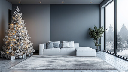 A modern living room with a minimalistic white Christmas tree, sleek furniture, silver ornaments, and clean, elegant lighting.