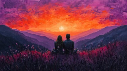 Fototapeta premium A stunning acrylic-style illustration of a romantic couple sitting on a hill, gazing at an intensely colorful sunset over a tranquil mountain lake. 
