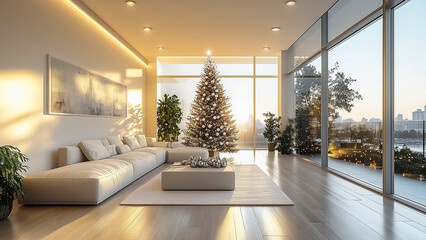 A modern living room with a minimalistic white Christmas tree, sleek furniture, silver ornaments, and clean, elegant lighting.