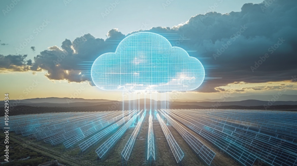 Poster a large digital cloud appears over a field of solar panels at sunset, symbolizing the connection bet
