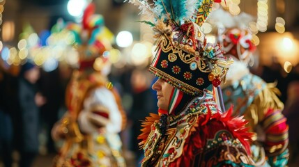 Blurry figures in elaborate costumes gathered in the town square.