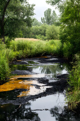 Obraz premium Pollution in scenic wetlands, environmental damage, oil spill effects on nature, wetland ecosystem pollution, blackened water contamination, and environmental conservation awareness