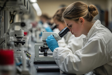Female engineers conducting research with microscopes in a laboratory setting