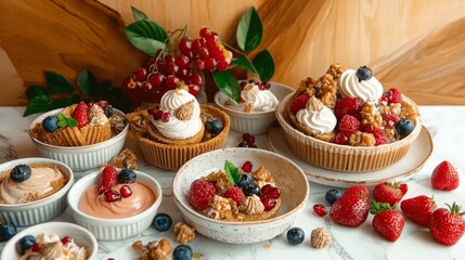 Delicious Desserts with Berries and Cream Toppings