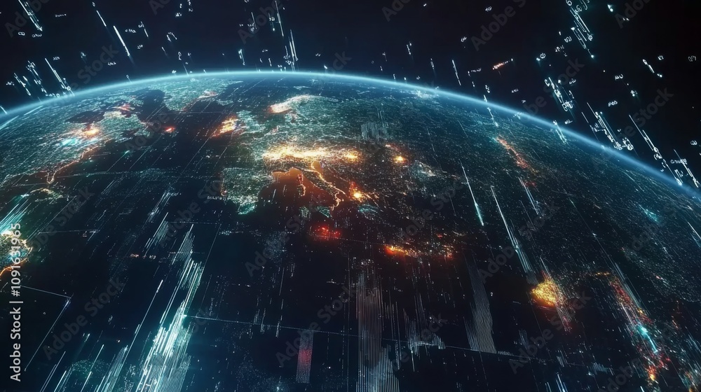 Poster A digital rendering depicts Earth at night, with city lights visible across continents. Streams of glowing data points travel around the planet, symbolizing global communication and data transfer.