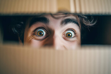 A young person peeks out of a cardboard box, radiating joy and playful energy