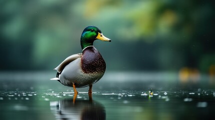 Obraz premium A single male mallard duck stands on a calm pond with a blurred green background.