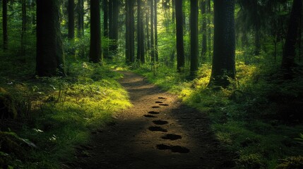 Obraz premium Nature walk with footprints forest trail photography serene environment low angle exploration concept