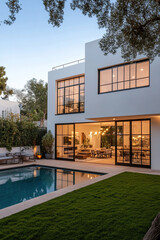 A white modernist house with black windows, glass doors, and walls on the first floor overlooking an outdoor pool surrounded by green grass in front of it. The photo was taken at sunset from behind th