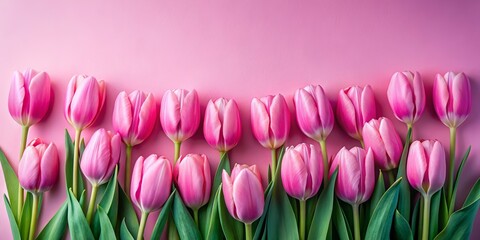 Fototapeta premium Elegant Arrangement of Soft Pink Tulips on a Gentle Pink Background Showcasing Artistic Composition and Framing for Stunning Visual Appeal
