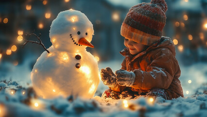 Children happily building a snowman in a snowy suburban yard adorned with Christmas lights, showcasing joyful family bonding.