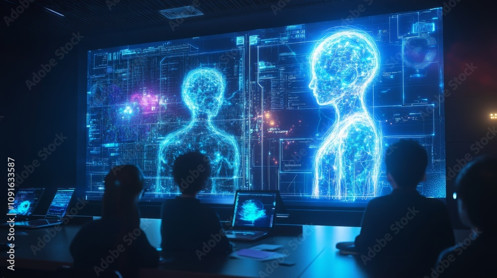 Leinwandbilder A group of students sits before a large screen displaying intricate digital human models bathed in blue light. The scene is dark, emphasizing the screen's glow.