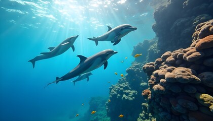 Fototapeta premium A breathtaking underwater shot that captures the dynamic movement of a pod of dolphins in crystal-clear waters