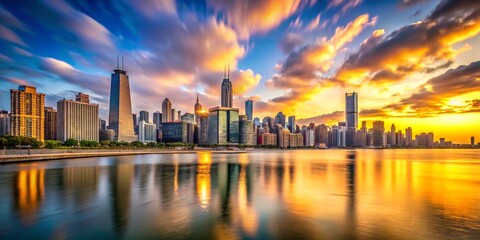 Obraz premium Stunning Long Exposure of Chicago Skyline at Sunset with Vibrant Colors Reflecting in the Water for a Captivating Urban Landscape Photograph