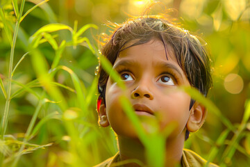 A curious Indian boy exploring the wonders of nature, his awe inspired by the simplicity and beauty of the world around him.