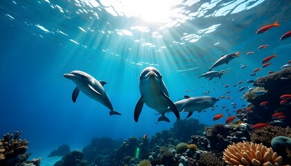 Fototapeta premium A breathtaking underwater shot that captures the dynamic movement of a pod of dolphins in crystal-clear waters