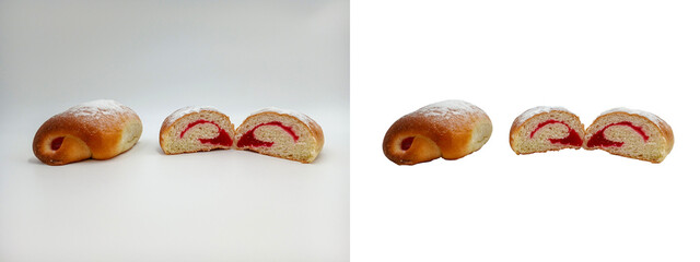 Bun with pink marmalade filling. Cake with sugar glaze. Dessert is cut, half. Close up. Ruddy dough with a crispy crust. Just add text or logo. The theme of cooking, bakery, market, home baking.