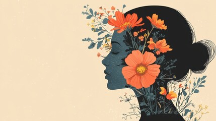 Artistic Illustration of Female Profile with Vibrant Floral Elements Surrounded by Nature, Blending Beauty and Nature in a Creative Art Design