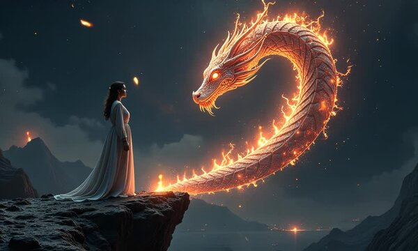 Mystical encounter: woman confronts fiery serpent in majestic mountain landscape