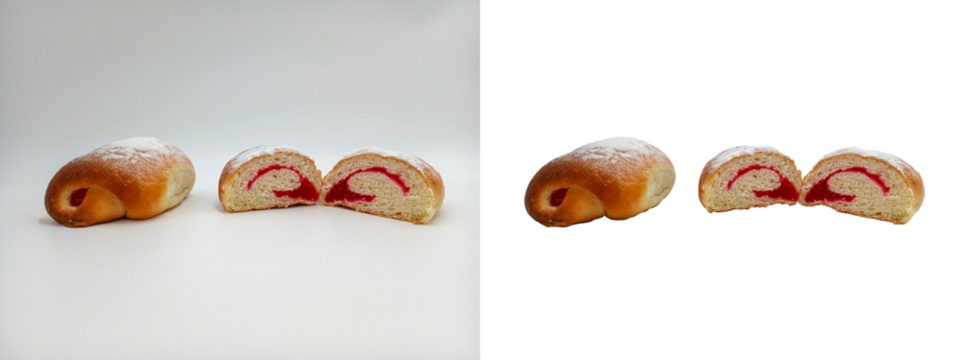 Bun with pink marmalade filling. Cake with sugar glaze. Dessert is cut, half. Close up. Ruddy dough with a crispy crust. Just add text or logo. The theme of cooking, bakery, market, home baking.