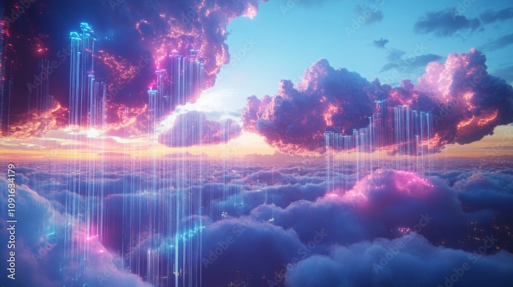 Aufkleber bright clouds cluster together in a stunning sky filled with vivid streams of light cascading down. 
