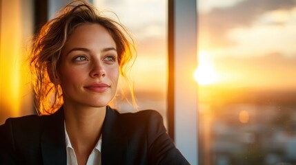 A woman in a professional outfit gazes thoughtfully out a window as the sun sets, symbolizing hope and new beginnings in a warm ambiance.