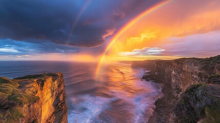 Fototapeta premium Stunning sunset over cliffs with rainbow coastal landscape nature photography vibrant colors peaceful viewpoint natural beauty