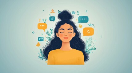 Young woman with dark curly hair surrounded by communication symbols, representing mindfulness and calmness in a digital world of messages and interactions.