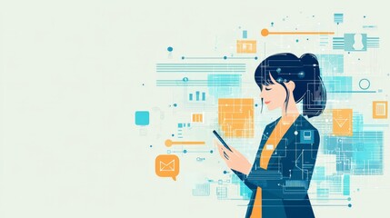 Obraz premium Businesswoman Using Smartphone with Digital Interface and Data Visualization