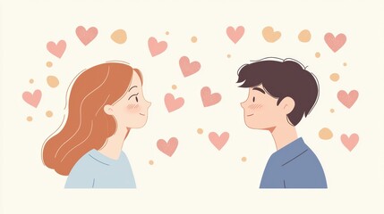 Romantic Encounter: Illustration of a Boy and a Girl Gazing into Each Other's Eyes Surrounded by Floating Hearts and Warm Colors