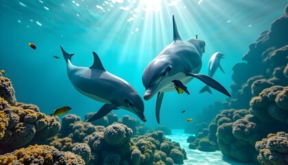 Obraz premium A breathtaking underwater shot that captures the dynamic movement of a pod of dolphins in crystal-clear waters