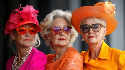 Three stylish women in bold, vibrant orange and pink attire pose together, adorned with statement sunglasses and hats, expressing elegance and confidence.