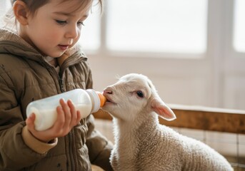 Toddler feeding a lamb with a bottle