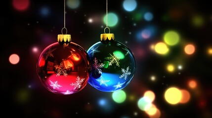 Obraz premium Two vibrant Christmas ornaments hang gracefully, reflecting shimmering lights against a blurred colorful backdrop. The enchanting scene evokes a sense of warmth and festive spirit in winter