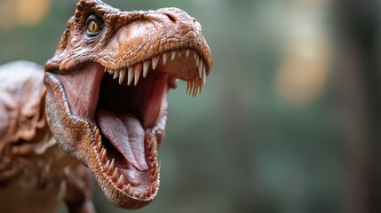 A fearsome dinosaur with a wide-open mouth and sharp teeth roars, with a natural forest background,...