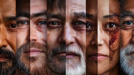 Human face made from different portrait of men and women of diverse age and race. Combination of faces. Humanity. Concept of social equality, human rights, freedom, diversity, acceptance