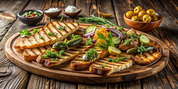 Grilled Leberkas with Roasted Bread and Fresh Pickles Served on a Wooden Platter for a Delicious Appetizing Meal