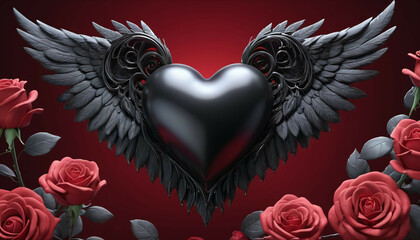 A black heart with wings and a red rose, adorned to express eternal love.