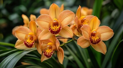 Orange Orchids Blooming In Lush Green Foliage
