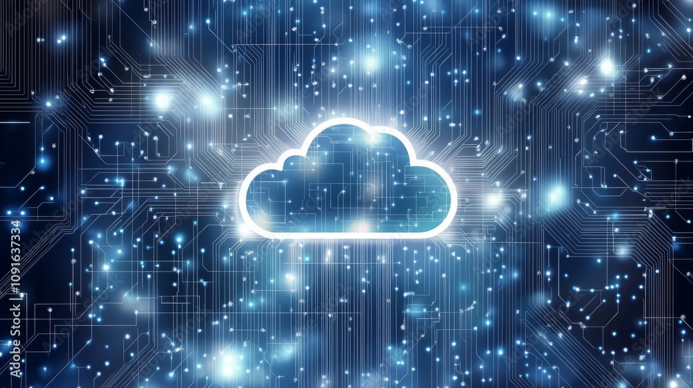 Poster a stylized white cloud icon is shown in the center of a dark blue background with a design resemblin