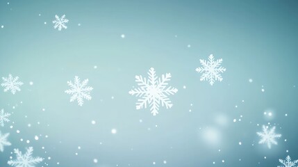 Delicate snowflakes swirl gracefully through a calm winter sky, filling the air with a sense of tranquility and wonder. The soft blue background enhances the beauty of each flake