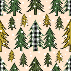 Obraz premium Evergreen fir trees form a seamless Christmas pattern on a pink background for holiday wrapping paper. 